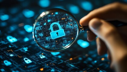 Poster - Business information security, system engineer analyzing padlock icons with magnifying glass, securing digital systems and internet networks from vulnerabilities