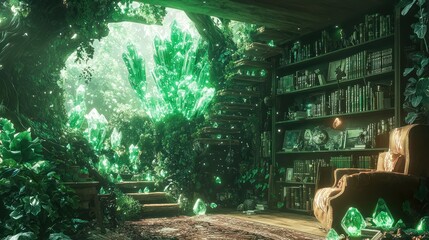 Wall Mural - Enchanting library nestled in a lush, emerald crystal cave.