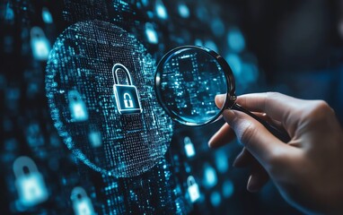 Fototapete - Cybersecurity and information protection, system engineer analyzing padlock icons with magnifying glass, securing business networks and digital systems