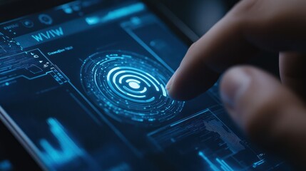 Close-up of a finger scanning on a futuristic mobile phone interface, showing a dynamic graphic user interface with various data visualizations, including graphs, charts, and indicators..
