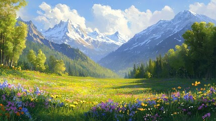 Wall Mural - Sunny alpine meadow with wildflowers and snow-capped mountains. (7)