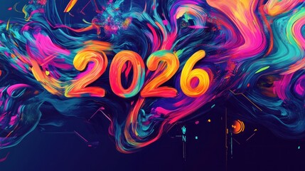  Abstract digital art of the year 2026, vibrant colors, flowing paint textures.