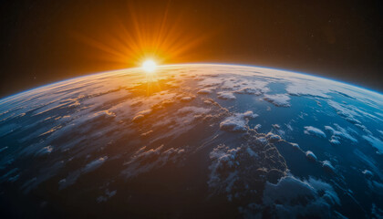 Wall Mural - Glowing sunrise over Earth's curve, illuminating the atmosphere and clouds in space
