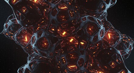 A dark, futuristic 3D structure with glowing orange lights, resembling a molten, alien-like network of interconnected geometric shapes, set against the backdrop of deep space.