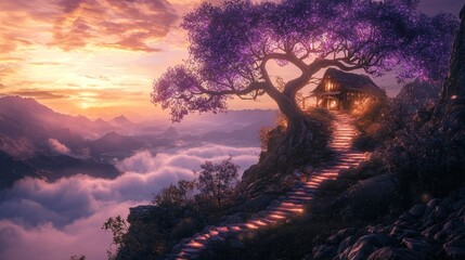 Sticker - Magical tree house on a mountaintop at sunset.