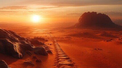 Wall Mural - Desert sunset path, rocky landscape, sun, travel adventure