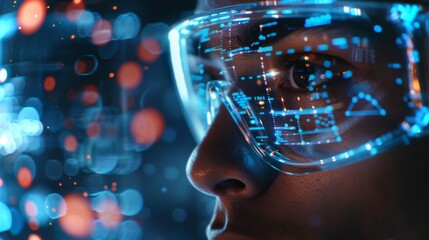 Poster - Person focuses intently while wearing advanced augmented reality glasses that display glowing data and visual elements in a vibrant, high tech setting during nighttime.