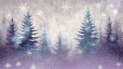 Poster - Winter wonderland scene with snowy trees and snowflakes.