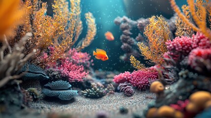 Wall Mural - Vibrant coral reef scene with orange fish.