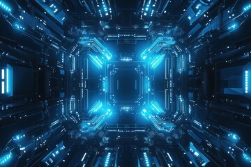 Wall Mural - Abstract blue glowing futuristic tech tunnel.