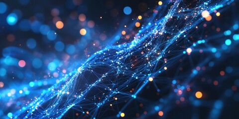 Wall Mural - Abstract blue glowing network with particles.