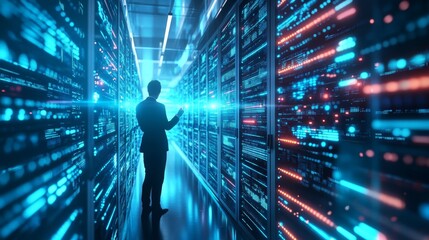 a person stands in a data center, illuminated by blue and red lights, interacting with digital infor