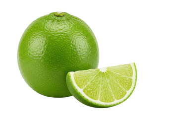 Wall Mural - A lime and a Slice of lime isolated on white background, front angled view, no depth of field, sharp