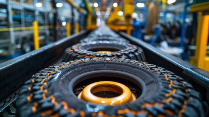Fototapete - Heavy machinery moves tires along the assembly line in a modern factory, demonstrating automated production techniques and skilled labor at work.