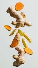 Wall Mural - Fresh ginger and turmeric roots with slices floating against soft background