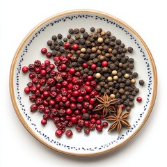 Poster - Colorful peppercorns and star anise on decorative plate in culinary display