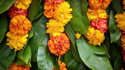 Wall Mural - vibrant floral garland with marigolds and green leaves background