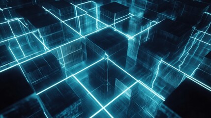 Wall Mural - futuristic digital landscape with glowing neon cubes and grids