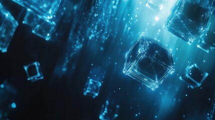 Wall Mural - Abstract Blue Light Cubes Floating in Digital Space Background