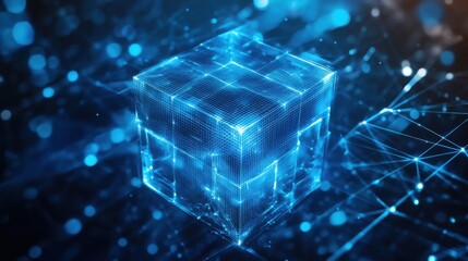 Wall Mural - Digital Cube Surrounded by Glowing Blue Particles in Abstract Space