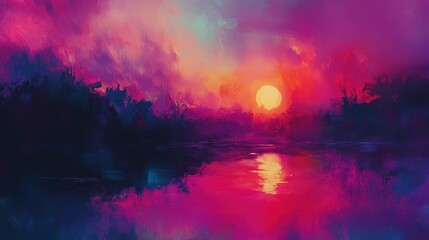 Wall Mural - Vibrant Sunset over Serene Lake: A Masterpiece of Color and Light