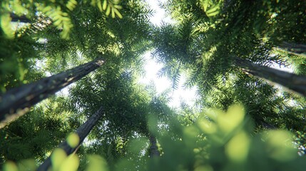 Wall Mural - Low angle view of sunlit forest canopy.