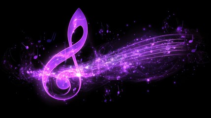 Wall Mural - magical purple treble clef with musical notes in cosmic background