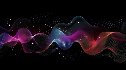 Wall Mural - Colorful abstract wave patterns with glowing particles on black background