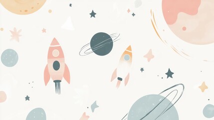 Wall Mural - Colorful Space Illustration with Rockets, Planets and Stars Design