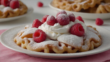 Wall Mural - funnel cake with raspberries, whipped cream, and powdered sugar.