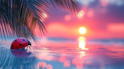 Wall Mural - Ladybug sunset beach calm ocean tropical postcard