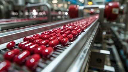 Poster - Red capsules are arranged in rows as they travel along a conveyor belt in a pharmaceutical manufacturing facility during daytime. Workers are busy overseeing the process.