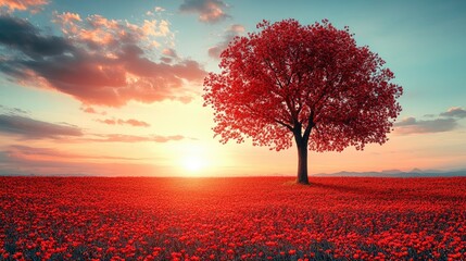 Lone red tree sunset poppy field landscape