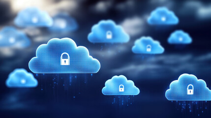 Wall Mural - cloud computing security. cloud with padlock icon on dark background. concept of data protection, cy