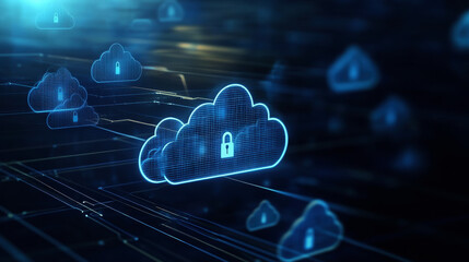 Wall Mural - cloud computing security. cloud with padlock icon on dark background. concept of data protection, cy
