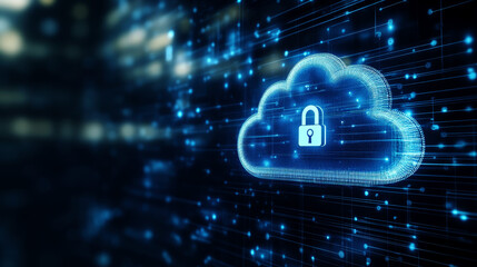 Wall Mural - cloud computing security. cloud with padlock icon on dark background. concept of data protection, cy