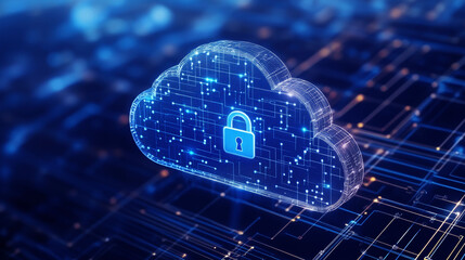 Wall Mural - cloud computing security. cloud with padlock icon on dark background. concept of data protection, cy