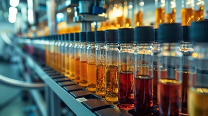 Leinwandbilder - Rows of test tubes containing various vibrant liquids are meticulously arranged on a laboratory bench, reflecting the early morning atmosphere of a busy research environment.