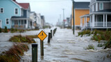 Environmental crisis. Flooded street with homes and warning sign amidst rising water levels.