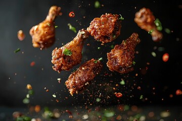 Fried chicken flying in the air on a dark background with splashes