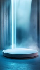 Poster - a glowing neon light illuminating a blue round platform