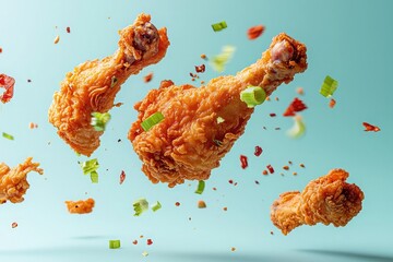 Fried chicken flying in the air on a dark background with splashes