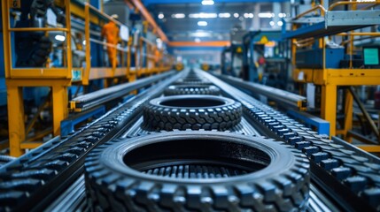 Fototapete - Workers operate equipment in a busy factory as tires move along the conveyor system, emphasizing the efficiency of tire production and manufacturing processes.