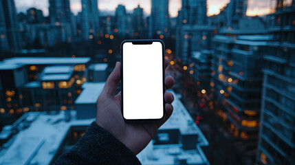 A man holds a mobile phone with a white screen in his hand against the background of snow-covered roofs of houses in a large evening city. Phone mockup. Advertising a mobile application