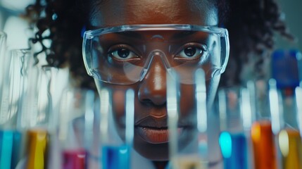 Poster - A young scientist wearing protective goggles studies various colorful test tubes filled with liquids in a vibrant laboratory setting, highlighting her commitment to research.