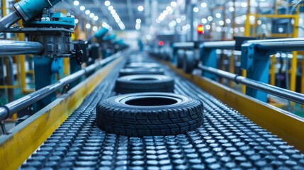 Leinwandbilder - Brightly lit factory interior features a conveyor belt with rubber tires, moving towards an assembly line for final processing and quality checks during daytime operations.