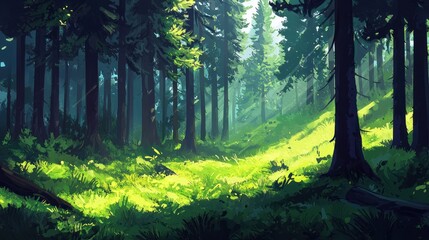 Wall Mural - Sunlit forest path, green grass, tall trees, shadows.