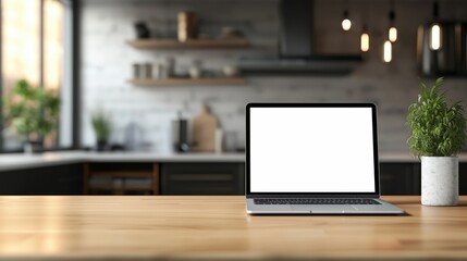 on wooden table is a laptop with blank white screen. blurred modern kitchen background