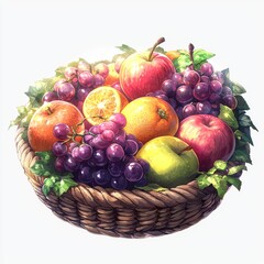 Wall Mural - Colorful Arrangement of Fresh Fruits in a Woven Basket Surrounded by Green Leaves and Sunlight in a Bright Background