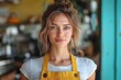© Dreamscape Artistry - Smiling Young Woman Barista in Apron - Portrait of Confident Female in Restaurant Café Highlighting Professional Customer Service in a Colorful Rural Setting
